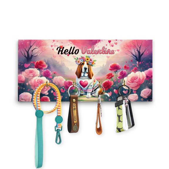 Hello Valentine’s Day Basset Hound Flower Crown Romantic Pink Floral Wood Key Holder Bassets Dog Breed Lovers Gifts Idea Wall-mounted Key Rack Home Decor - 00031
