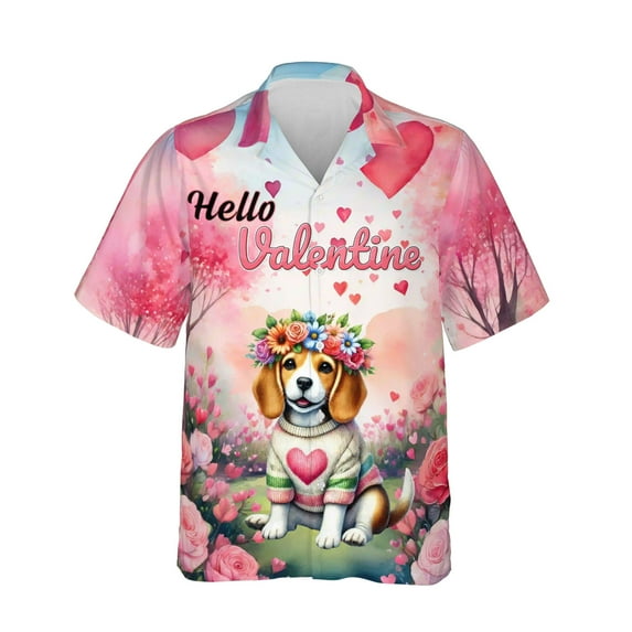 Hello Valentine’s Day Beagle Flower Crown Romantic Pink Floral Hawaiian Shirt Breathable Summer Unisex Merch Beagles Dog Lover Gifts Idea - 00031