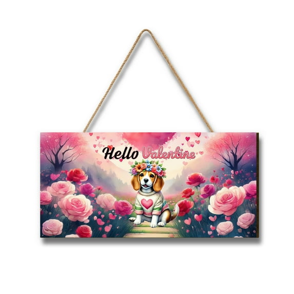 Hello Valentine’s Day Beagle Flower Crown Romantic Pink Floral Landscape Wood Sign Beagles Dog Lover Gifts Idea Hanging Wall Home Decor - 00031