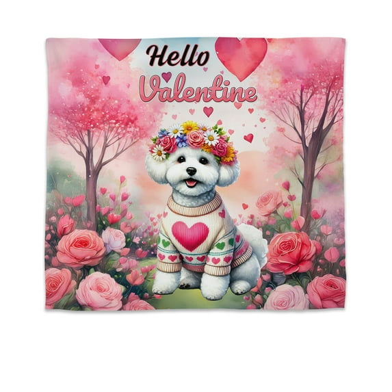 Hello Valentine’s Day Bichon Frise Flower Crown Romantic Pink Floral Tapestry Bichons Dog Lovers Gifts Idea Wall Hanging Backdrop Home Decor - 00031