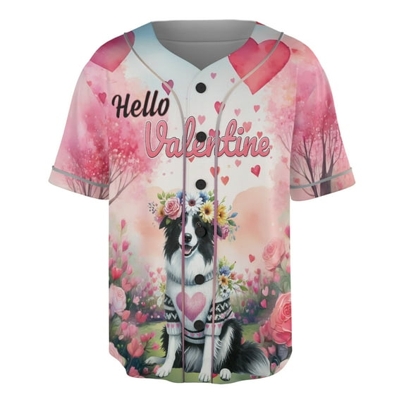 Hello Valentine’s Day Border Collie Flower Crown Romantic Pink Floral All Over Print 3D Baseball Shirt Borders Dog Lovers Gifts Idea Softball Sport - 00031
