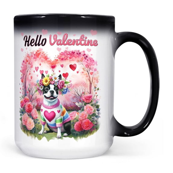 Hello Valentine’s Day Boston Terrier Flower Crown Romantic Pink Floral Heat Color Changing Mug Gentleman Dog Lover Gifts Magic Coffee Mug - 00031