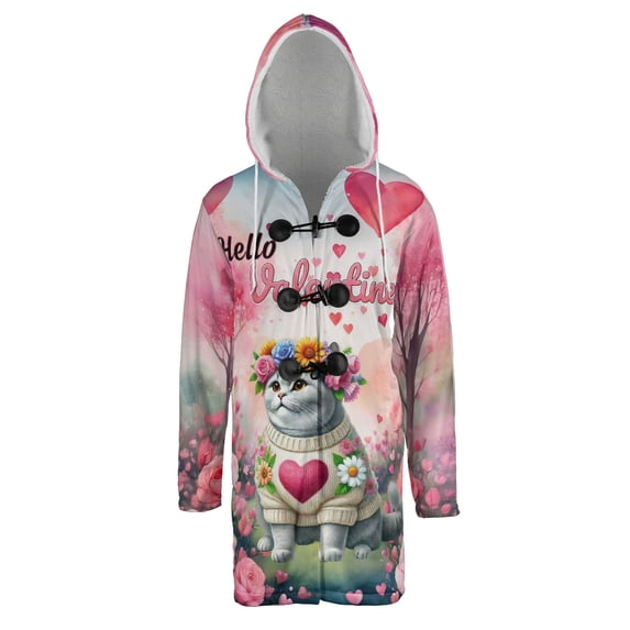 Hello Valentine’s Day British Shorthair Flower Crown Romantic Pink Floral All Over Print 3D Hooded Duffle Toggle Coat Cat Lover Kitten Owner Gifts - 00031
