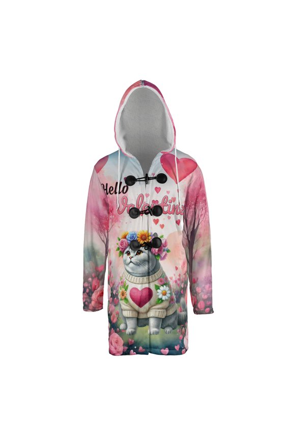 Hello Valentine’s Day British Shorthair Flower Crown Romantic Pink Floral All Over Print 3D Hooded Duffle Toggle Coat Cat Lover Kitten Owner Gifts - 00031
