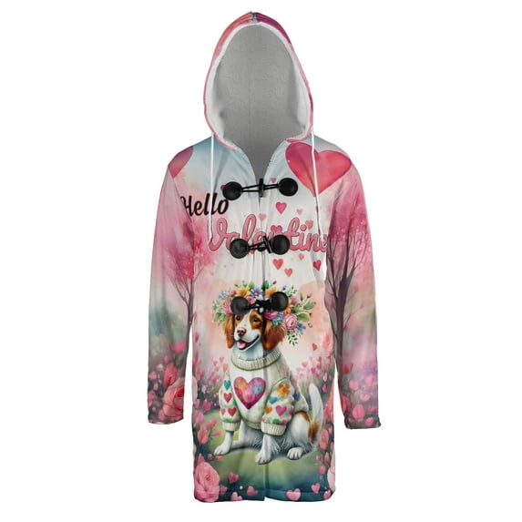 Hello Valentine’s Day Brittany Spaniel Flower Crown Romantic Pink Floral All Over Print 3D Hooded Duffle Toggle Coat Brittany Dog Lover Gifts Idea - 00031