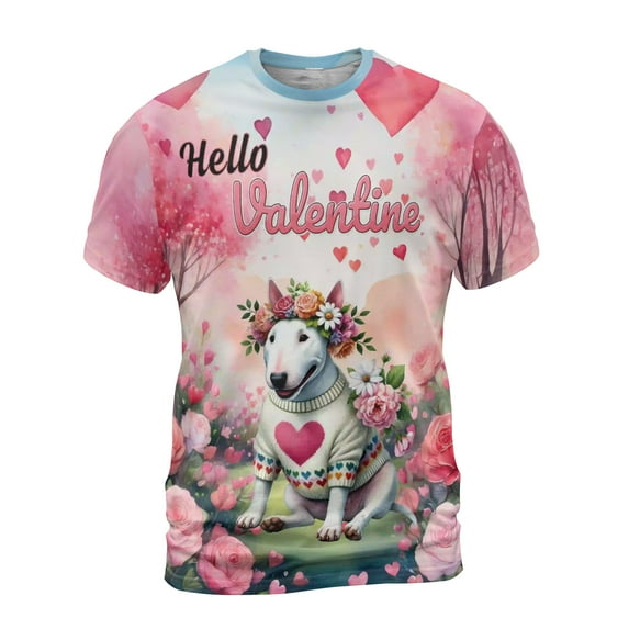 Hello Valentine’s Day Bull Terrier Flower Crown Romantic Pink Floral All Over Print 3D Shirt Unisex Merch Bully Dog Lovers Gifts Idea - 00031