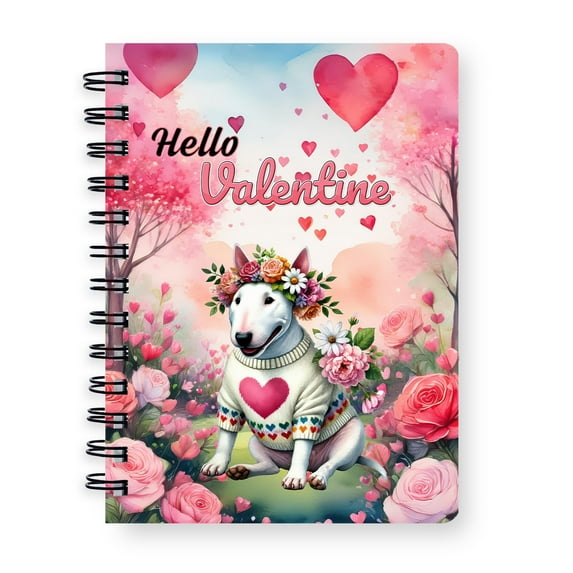 Hello Valentine’s Day Bull Terrier Flower Crown Romantic Pink Floral Spiral Bound Journal Bully Dog Lovers Gifts Idea 5x7in Spiral Notebook - 00031