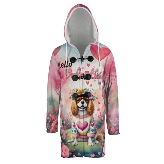 Hello Valentine’s Day Cavalier King Charles Spaniel Flower Crown Romantic Pink Floral All Over Print 3D Hooded Duffle Toggle Coat Dog Lover Gifts - 00031