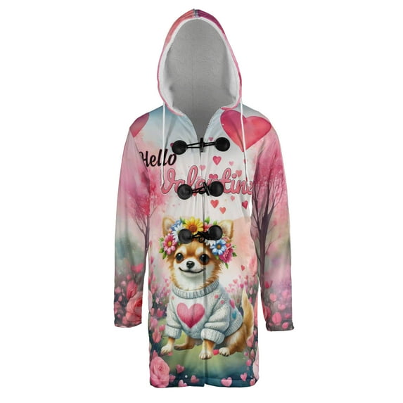 Hello Valentine’s Day Chihuahua Flower Crown Romantic Pink Floral All Over Print 3D Hooded Duffle Toggle Coat Dog Lover Gifts Idea - 00031