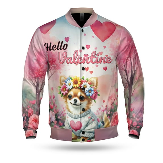 Hello Valentine’s Day Chihuahua Flower Crown Romantic Pink Floral All Over Print 3D Baseball Jacket Dog Lover Gifts Idea Bomber Jacket Softball - 00031