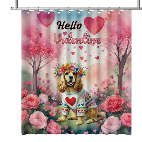Hello Valentine’s Day Cocker Spaniel Flower Crown Romantic Pink Floral Shower Curtain Cockers Dog Lover Gifts Waterproof Bathroom Bathtub Curtain - 00031