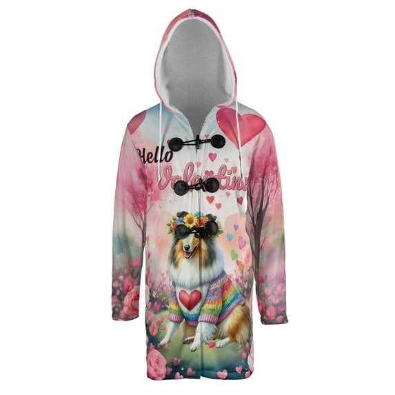 Hello Valentine’s Day Collie Flower Crown Romantic Pink Floral All Over Print 3D Hooded Duffle Toggle Coat Collie Dog Lover Gifts Idea - 00031