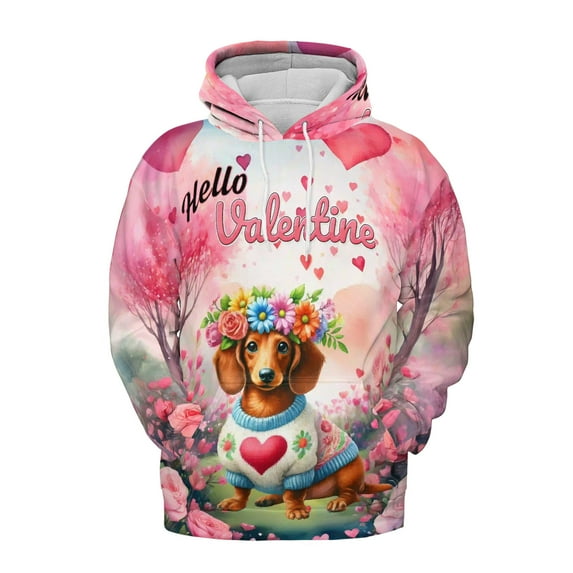 Hello Valentine’s Day Dachshund Flower Crown Romantic Pink Floral All Over Print 3D Hoodie Unisex Merch Hoodies Wiener Dog Lover Gifts Idea - 00031