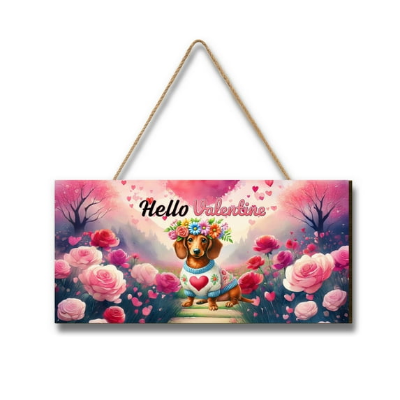 Hello Valentine’s Day Dachshund Flower Crown Romantic Pink Floral Landscape Wood Sign Wiener Dog Lover Gifts Idea Hanging Wall Home Decor - 00031