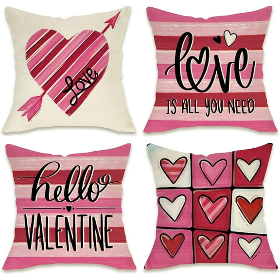 Hello Valentine''s Day Decorative Throw Pillow Covers 18 x 18 Set of 4, Pink Red Heart Arrow Love is All You Need Outdoor Pillowcase, Stripes Anniversary Wedding Cushion Case Home Decor