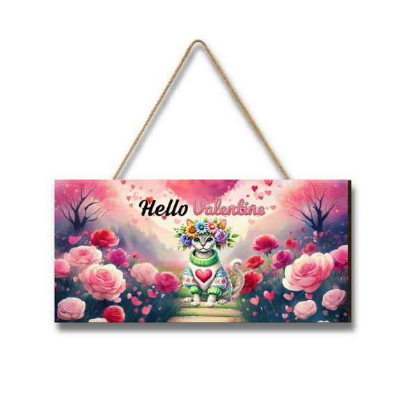 Hello Valentine’s Day Devon Rex Flower Crown Romantic Pink Floral Landscape Wood Sign Cat Lover Kitten Owner Gifts Hanging Wall Home Decor - 00031