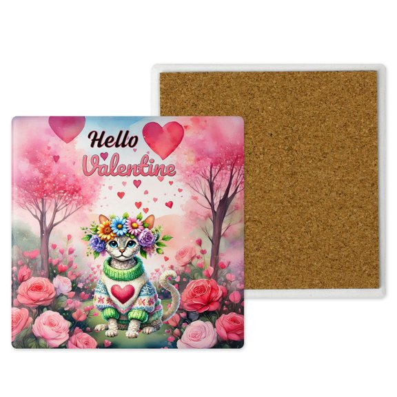 Hello Valentine’s Day Devon Rex Flower Crown Romantic Pink Floral Set of 4 Stone Coasters Cat Lover Kitten Owner Gifts 4x4in Absorbent Soapstone Coaster - 00031