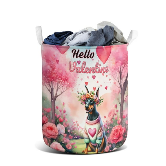 Hello Valentine’s Day Doberman Pinscher Flower Crown Romantic Pink Floral Foldable Laundry Basket Doberman Dog Lover Gifts Organizer Storage with Handles - 00031