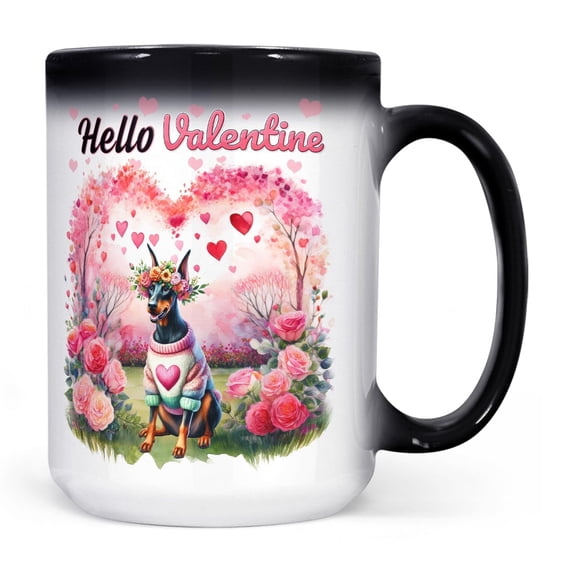 Hello Valentine’s Day Doberman Pinscher Flower Crown Romantic Pink Floral Heat Color Changing Mug Doberman Dog Lover Gifts Magic Coffee Mug - 00031
