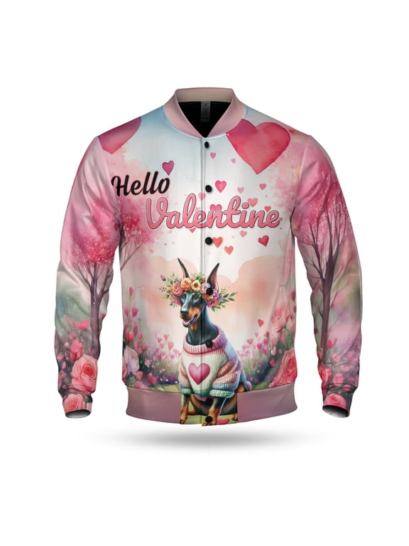 Hello Valentine’s Day Doberman Pinscher Flower Crown Romantic Pink Floral All Over Print 3D Baseball Jacket Doberman Dog Lover Gifts Bomber Jacket Softball - 00031