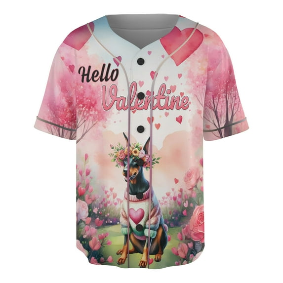 Hello Valentine’s Day Doberman Pinscher Flower Crown Romantic Pink Floral All Over Print 3D Baseball Shirt Doberman Dog Lover Gifts Softball Sport - 00031