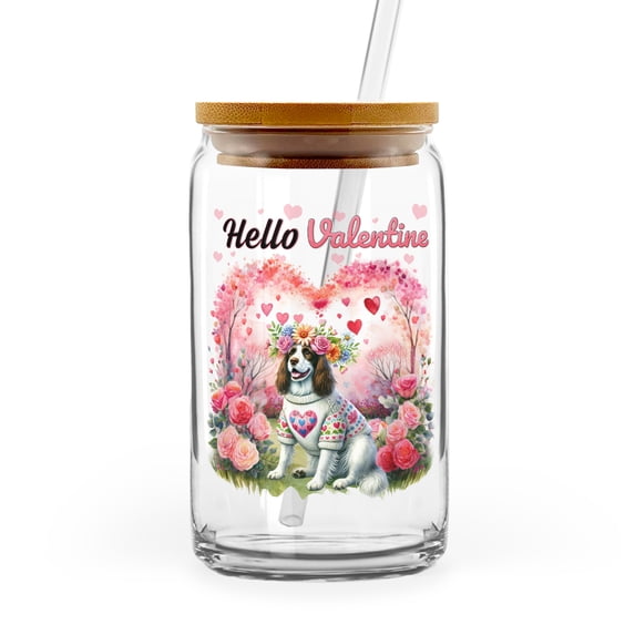 Hello Valentine’s Day English Springer Spaniel Flower Crown Romantic Pink Floral 16oz Glass Cup Mug Springers Dog Lover Gifts Glass Can with Bamboo Lid and Straw - 00031