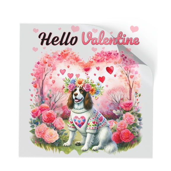 Hello Valentine’s Day English Springer Spaniel Flower Crown Romantic Pink Floral Cutout Transfer Sticker Springers Dog Lover Gifts Transparent Decal Art Decor - 00031