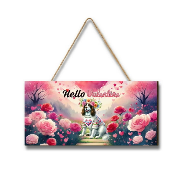Hello Valentine’s Day English Springer Spaniel Flower Crown Romantic Pink Floral Landscape Wood Sign Springers Dog Lover Gifts Hanging Wall Home Decor - 00031