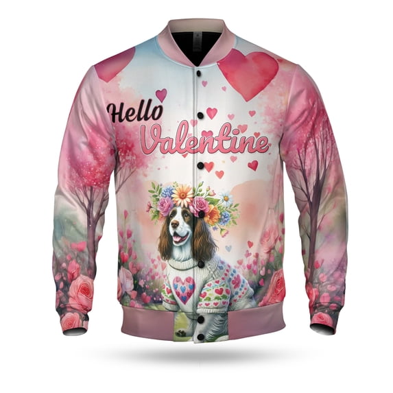Hello Valentine’s Day English Springer Spaniel Flower Crown Romantic Pink Floral All Over Print 3D Baseball Jacket Springers Dog Lover Gifts Bomber Jacket Softball - 00031