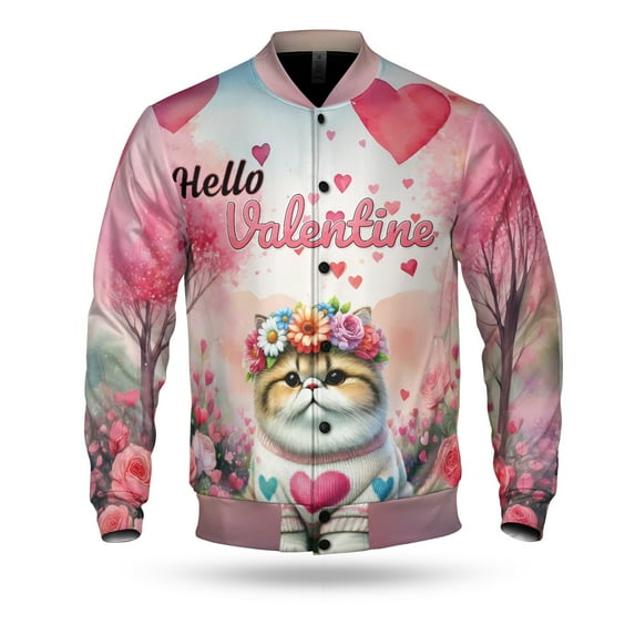 Hello Valentine’s Day Exotic Shorthair Flower Crown Romantic Pink Floral All Over Print 3D Baseball Jacket Cat Lover Kitten Owner Gifts Bomber Jacket Softball - 00031
