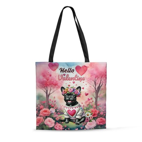 Hello Valentine’s Day French Bulldog Flower Crown Romantic Pink Floral All Over Print 3D Canvas Tote Bag Dog Lover Gifts Reusable Handbag - 00031