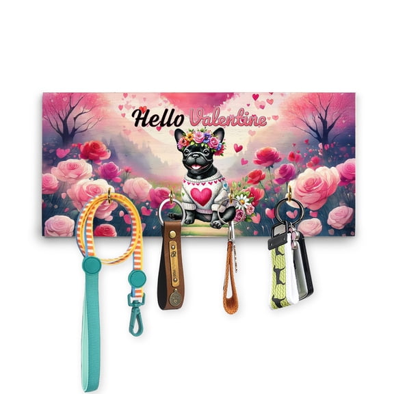 Hello Valentine’s Day French Bulldog Flower Crown Romantic Pink Floral Wood Key Holder Dog Lover Gifts Wall-mounted Key Rack Home Decor - 00031