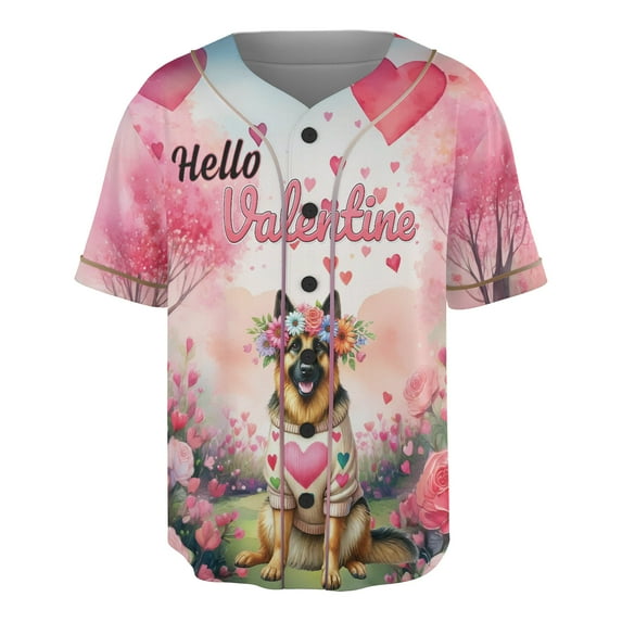 Hello Valentine’s Day German Shepherd Flower Crown Romantic Pink Floral All Over Print 3D Baseball Shirt Alsatian Dog Lover Gifts Softball Sport - 00031