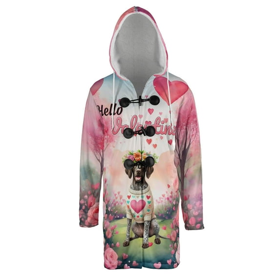 Hello Valentine’s Day German Shorthaired Pointer Flower Crown Romantic Pink Floral All Over Print 3D Hooded Duffle Toggle Coat GSP Lover Dog Gift - 00031