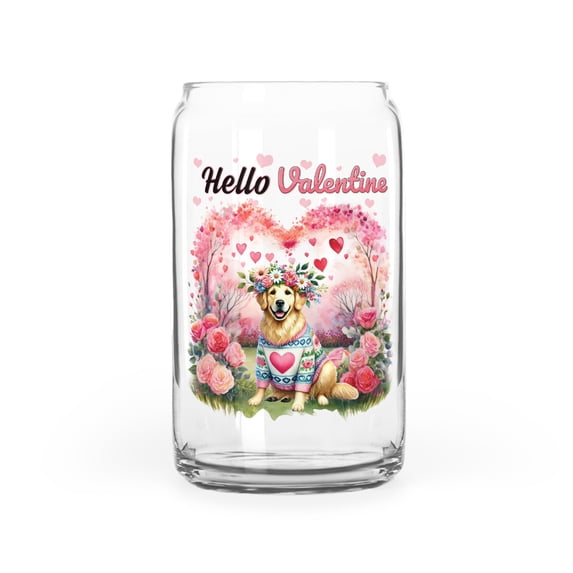 Hello Valentine’s Day Golden Retriever Flower Crown Romantic Pink Floral 16oz Glass Cup Mug Goldens Dog Lover Gifts Idea Glass Can - 00031