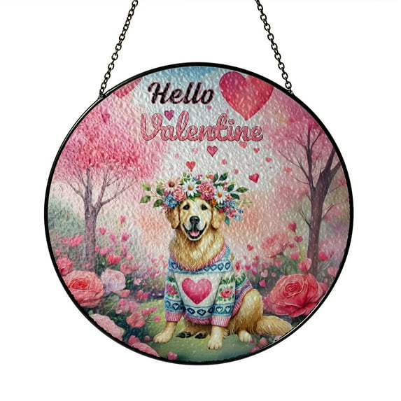 Hello Valentine’s Day Golden Retriever Flower Crown Romantic Pink Floral Stained Glass Suncatcher Goldens Dog Lover Gifts Idea Window Hanging Sign Decor - 00031