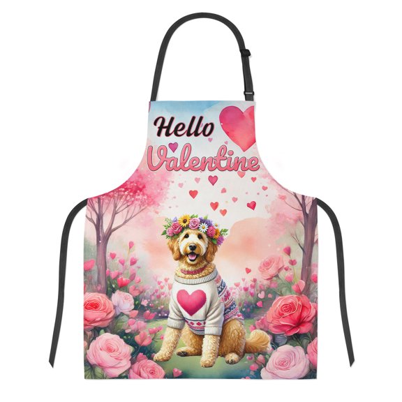 Hello Valentine’s Day Goldendoodle Flower Crown Romantic Pink Floral Apron Doodle Dog Lover Gifts Idea for Cooking Grilling Baking Painting Gardening - 00031
