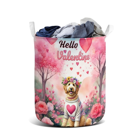 Hello Valentine’s Day Goldendoodle Flower Crown Romantic Pink Floral Foldable Laundry Basket Doodle Dog Lover Gifts Idea Organizer Storage with Handles - 00031