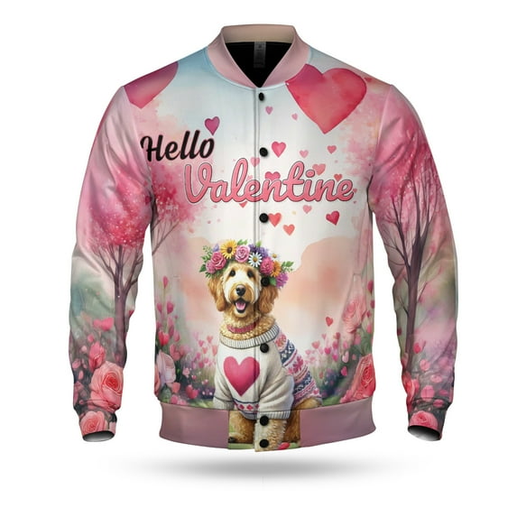 Hello Valentine’s Day Goldendoodle Flower Crown Romantic Pink Floral All Over Print 3D Baseball Jacket Doodle Dog Lover Gifts Idea Bomber Jacket Softball - 00031