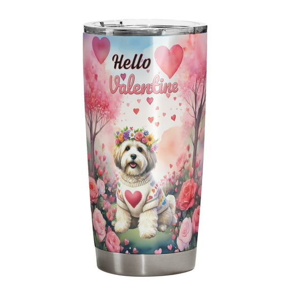 Hello Valentine’s Day Havanese Flower Crown Romantic Pink Floral 20oz Stainless Steel Tumbler Insulated Cup with Lid Havanese Dog Lover Gifts Idea - 00031