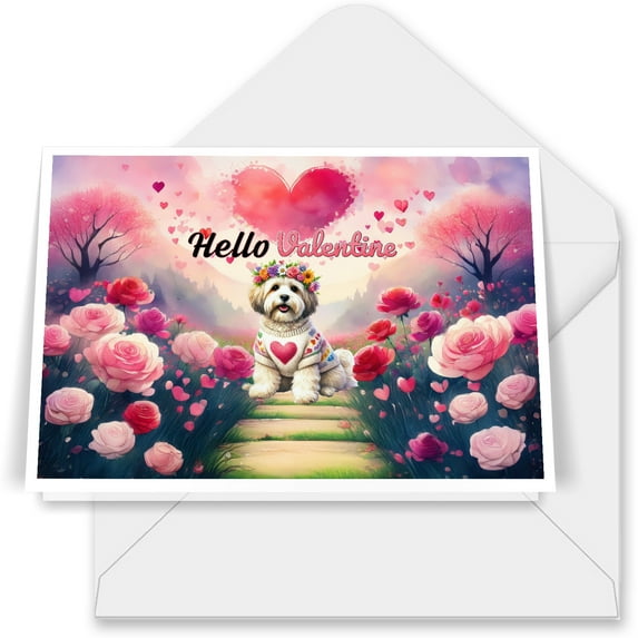 Hello Valentine’s Day Havanese Flower Crown Romantic Pink Floral 7x5in Folded Greeting Card Havanese Dog Lover Gifts Idea Single Note Card with Envelope - 00031