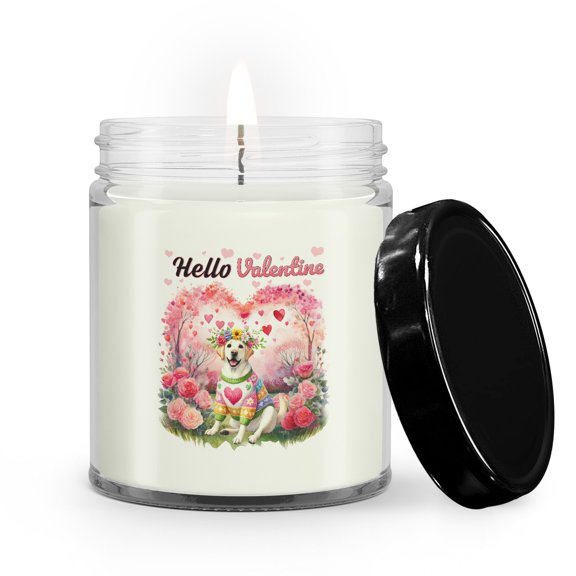 Hello Valentine’s Day Labrador Retriever Flower Crown Romantic Pink Floral Soy Wax Candle Lab Dog Lover Gifts 9oz White Birch & Black Pepper Candle - 00031