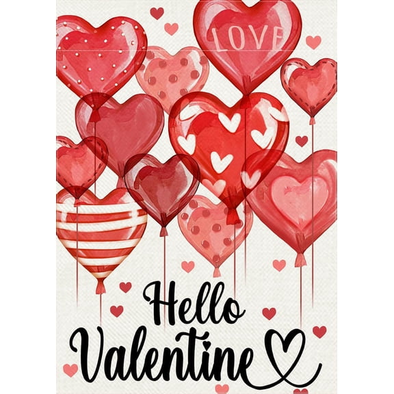 Hello Valentine''s Day Love Decorative Garden Flag, Red Heart Balloons Polka Dots Stripes Yard Outside Decorations, Anniversary Wedding Holiday Outdoor Small Home Decor Double Sided 12 x 18
