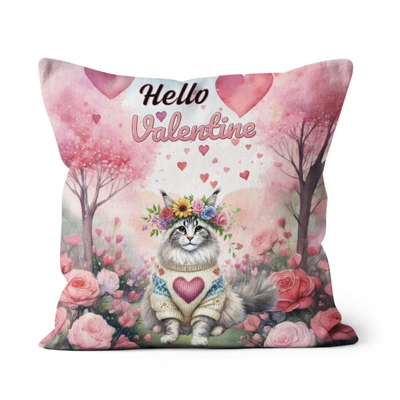 Hello Valentine’s Day Maine Coon Flower Crown Romantic Pink Floral Pillow Cushion Double Sided Cat Lover Kitten Owner Gifts Throw Pillow - 00031