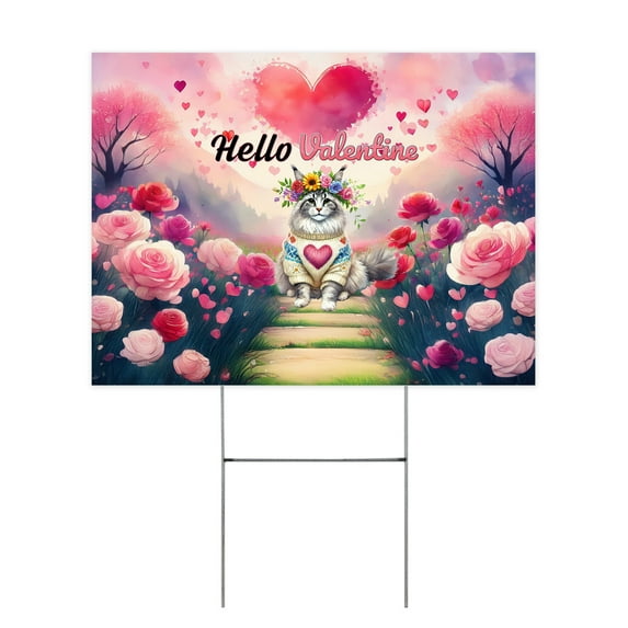 Hello Valentine’s Day Maine Coon Flower Crown Romantic Pink Floral Yard Sign Cat Lover Kitten Owner Gifts Outdoor Home Lawn Garden Porch Decor - 00031
