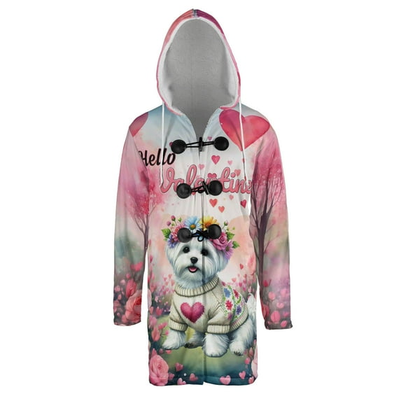 Hello Valentine’s Day Maltese Flower Crown Romantic Pink Floral All Over Print 3D Hooded Duffle Toggle Coat Maltese Dog Lover Gifts Idea - 00031
