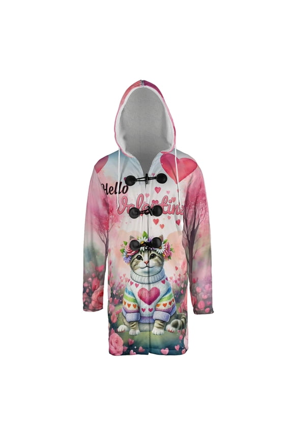 Hello Valentine’s Day Manx Flower Crown Romantic Pink Floral All Over Print 3D Hooded Duffle Toggle Coat Cat Lover Kitten Owner Gifts - 00031