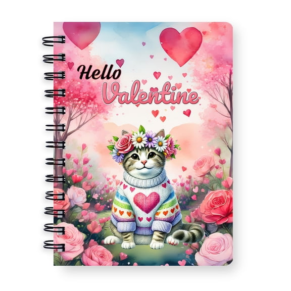 Hello Valentine’s Day Manx Flower Crown Romantic Pink Floral Spiral Bound Journal Cat Lover Kitten Owner Gifts 5x7in Spiral Notebook - 00031