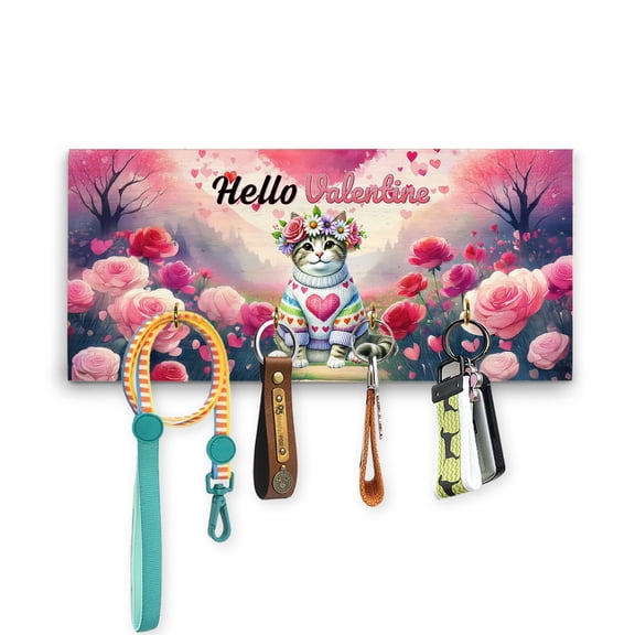 Hello Valentine’s Day Manx Flower Crown Romantic Pink Floral Wood Key Holder Cat Lover Kitten Owner Gifts Wall-mounted Key Rack Home Decor - 00031