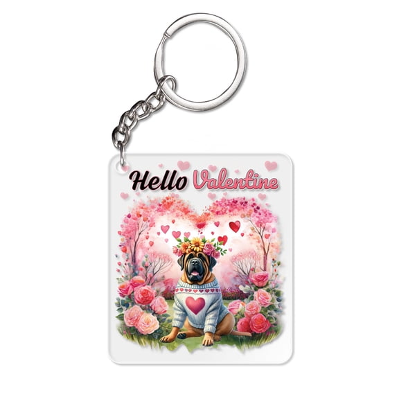 Hello Valentine’s Day Mastiff Flower Crown Romantic Pink Floral Acrylic Keychain Mastiffs Dog Lover Gifts Idea Collar Charm Tag Keyring - 00031